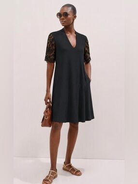 ME+EM Women Black Lace Sleeve Wool Blend Crepe Knit Dress 12 US Office Cocktail